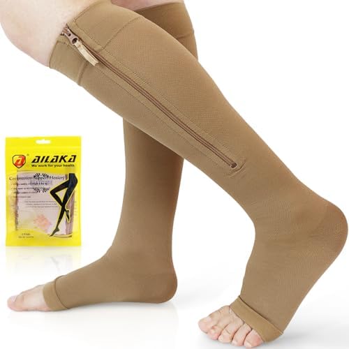 Ailaka Zipper 20-30 mmHg Compression Socks for Women & Men, Knee High Open Toe