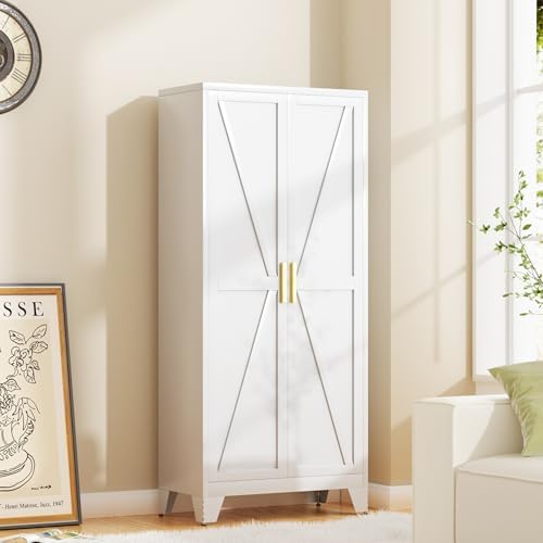 61H Metal Storage Cabinet with 2 Doors and 4 Shelves,Farmhouse Storage Cabinet with Barn Doors,Pantry Storage for Home,Office,Bathroom,Dining Room,Kitchen(White)