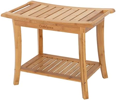 OasisSpace Bamboo Shower Bench, 24" Waterproof Shower Chair with Storage Shelf, Wood Spa Bath Organizer Seat Stool, Perfect for Indoor or Outdoor