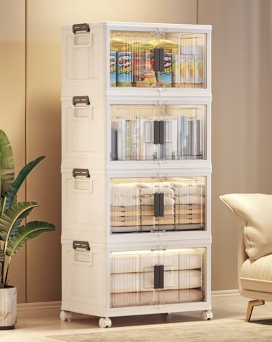 OlarHike 48QT Lockable Storage Bins with Lids - Folding Storage box with Doors and Wheels, Collapsible Plastic Storage Bins for Closets, Stackable Storage Organizer, Storage Containers, 4 Pack Cubes