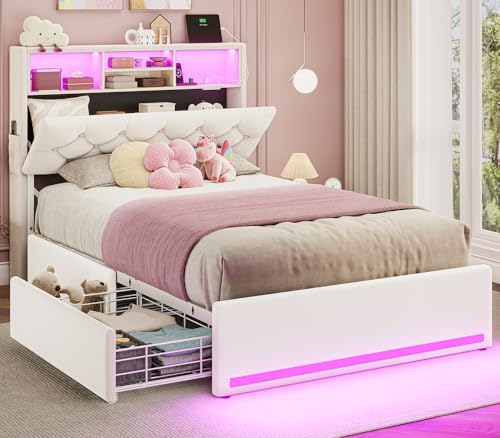 BTHFST Twin Bed Frames with Storage Headboard & 4 Drawers, LED Bed Frame Twin with Charging Station, Velvet Upholstered Bed with Metal Slats, No Box Spring Needed, Creamy White