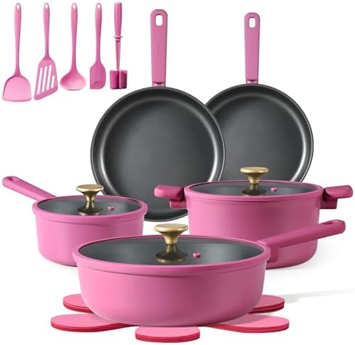 CAROTE Non Stick Pots and Pans Set, Cookware Sets Nonstick, Kitchen Cooking Set with Stay-Cool Handles,with Silicone Tools and Pot Protectors,17 Piece
