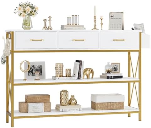 HITHOS 47.2" Console Table with 3 Drawers, Narrow Long Entryway Table with 3-Tier Storage Shelves, Industrial Sofa Foyer Table for Living Room, Hallway, Entry Way, Foyer, Kitchen, White/Gold