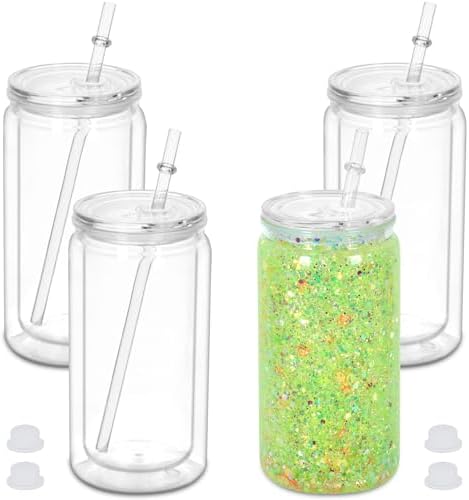 16 oz Plastic Snow Globe Tumbler, 4 Pack Double Wall Snowglobe Tumbler with Pre Drilled Hole, Plastic Mason Jar Cups Can for Snow Globe Glitter DIY (Clear)