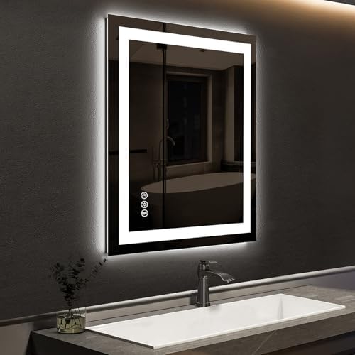 ROOMTEC 24 x 32 Inches LED Bathroom Mirror with Front and Backlit,Anti-Fog,3 Colors and Dimmable Light(Horizontal/Vertical), Silver