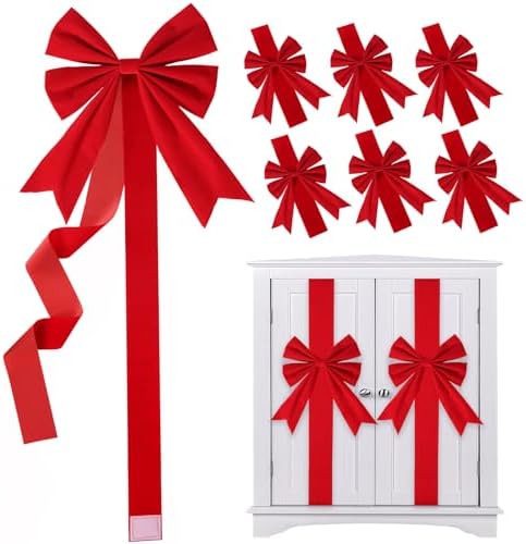 6 Pieces Large Velvety Red Christmas Cabinet Bows, Christma Red Ribbon Easy to Install on Cabinet Door for Kitchen Christma Decoration Holiday Cabinet Bows Christmas Party Supplies