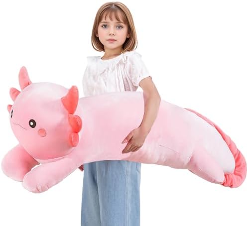 40'' Big Pink Axolotl Plush Stuffed Animal, Large Axolotl Long Body Pillow Stuffy Plush Toy, Giant Soft Salamander Squishy Plushie Gift for Kids Boys Girls, Birthday, Halloween, Christmas