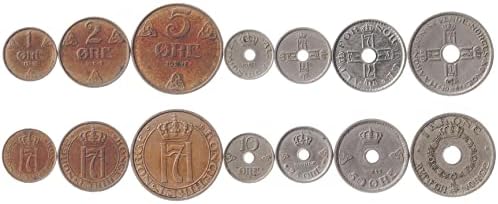7 Coins from Norway | Norwegian Coin Set Collection 1 2 5 10 25 50 Ore 1 Krone | Circulated 1908-1952 | Cross