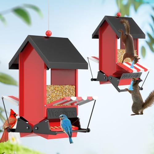 Large Metal Squirrel Proof Bird Feeder with Baffle - Outdoor Hanging Wild Bird Feeder for Cardinals, Bluebirds & More - Red