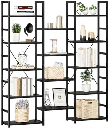 NUMENN Triple Column 5 Tier Bookshelf, Bookcase with 14 Open Display Shelves, Adjustable Rustic Industrial Style Book Shelves, Modern Bookshelves for Bedroom, Living Room and Home Office, Black