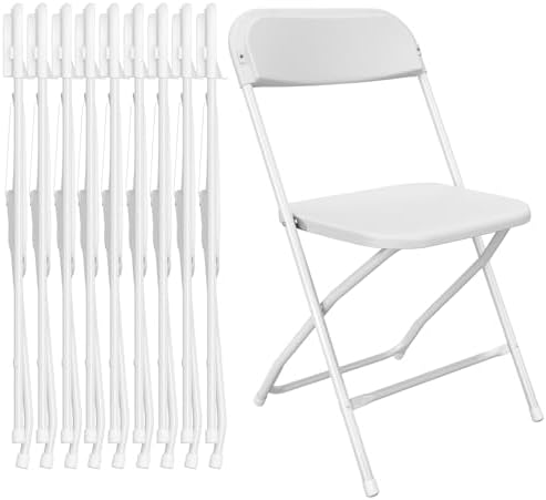 White Folding Chair, Plastic Folding Chairs 10 Pack for Outside, Indoor Outdoor Chairs with Steel Frame, Foldable Chair for Wedding Camping Dining Renting in Patio Lawn, 350LBS Capacity
