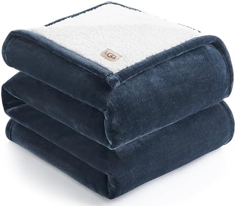 UGG Ariana Full/Queen Blanket Fleece Fluffy Reversible Soft Fuzzy Bedding Cozy Plush Warm Oversized Blanket Machine Washable Bedroom Decor for Big Couch or Bed, 90-inch x 90-inch, Navy Blue