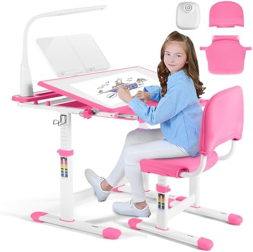 Artist hand Kids Study Table and Chair Set,Adjustable Girls School Writing Study Table,with Large Writing Board LED Pull Out Drawer Pencil Case Bookstand,Pink