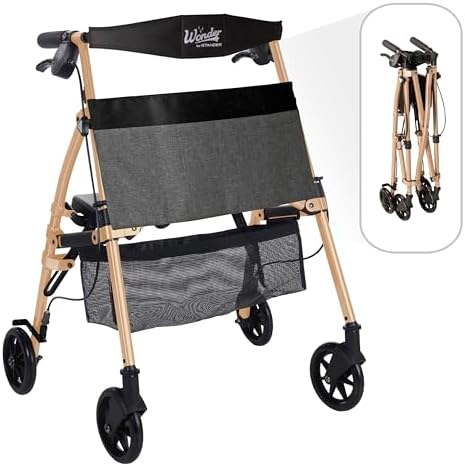 Stander Wonder Rollator Plus Short, Lightweight Junior Folding Mobility Aid for Petite Adults, Seniors, and Elderly, Collapsible Travel Rolling Walker with Four Wheels and Seat, Desert Sand