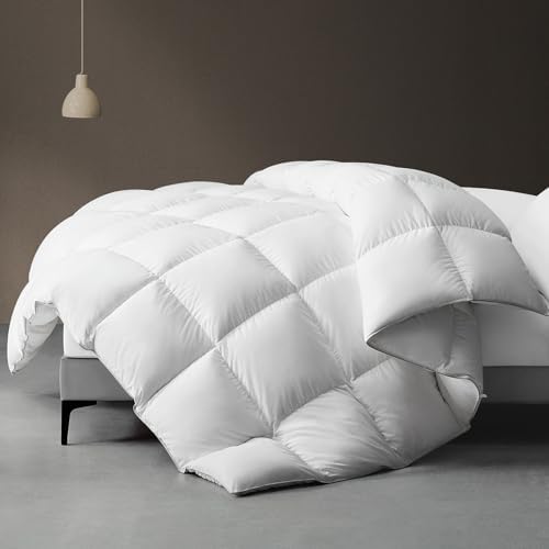 downlux Goose Feather Down Fiber Comforter King Size, All Seasons Fluffy Comforter, Luxury White King Size Duvet Inserts with 3D Baffle Box Design and Corner Tabs, 104"x90"