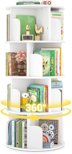 Rotating Bookshelf, Wood Corner Bookshelf, 360 Display Spinning Bookcase Storage Rack, 4 Tier Floor Standing Revolving Bookcase Narrow Book Shelf Organizer for Small Space, Bedroom, White