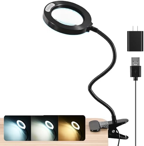 10X Magnifying Glass with Light and Timer, 2 in 1 Magnifying Desk Lamp, 3 Color Modes 10 Dimmable Brightness, Flexible Gooseneck Magnifier with Light for Craft Hobby Painting Sewing Close Work