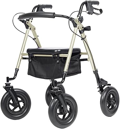 ELENKER All-Terrain Rollator Walker with 10” Rubber Wheels, Padded Seat & Backrest, Under-seat Basket for Seniors (Champagne)