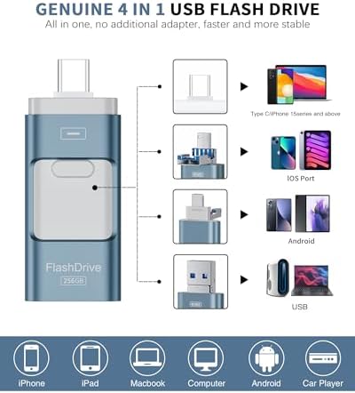 Flash Drive for iPhone 256GB, 4 in 1 USB Type C Memory Stick, Photo Stick External Storage Thumb Drive for iPhone iPad Android Computer, Sky Blue