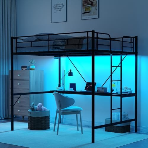 VINGLI Twin Size Metal Loft Bunk Bed Frame for Kids Teens Adults with Desk Underneath,2 Charging Station,LED Lights,Safety Guardrail and Stair,No Box Spring Needed,Black