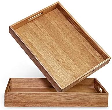 Acacia Wood Serving Tray with Handles Set of 2 – Decorative Serving Trays Platter for Breakfast in Bed, Lunch, Dinner, Patio, Ottoman, Coffee Table, BBQ, Party –Great for Lap &Couch