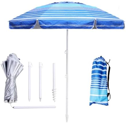 6.5ft Beach Umbrella - Heavy Duty Wind Resistant UV 50+ Portable Sun Shade with Sand Anchor & Carry Bag, Outdoor Folding Umbrella for Beach, Pool, Patio, Garden (Blue Stripe)