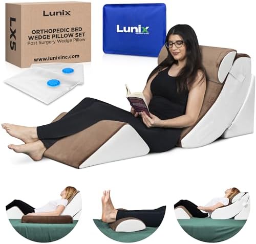 Lunix 4pcs Orthopedic Bed Wedge Pillow Set, Post Surgery Memory Foam for Back, Knee, Leg Pain Relief, Adjustable Sitting Pillow for Sleeping, Acid Reflux, GERD, with Hot Cold Pack, Brown/White