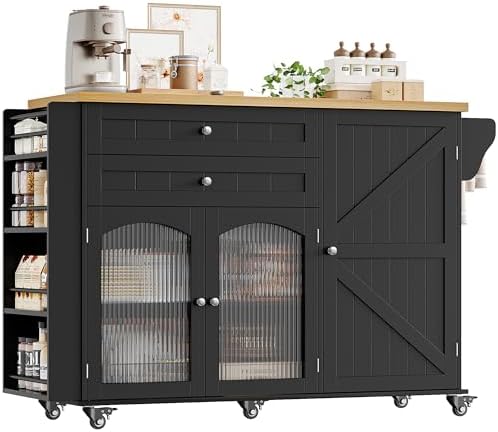 FINETONES Kitchen Island with Storage, Rolling Kitchen Island on Wheels with Wood Drop Leaf Countertop, Island Table Bar Cart with Spice Towel Rack Portable Kitchen Table Kitchen Carts on Wheels