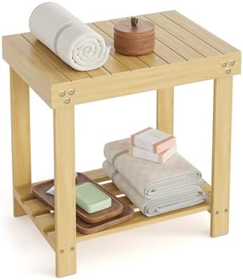 Small Bamboo Bathroom Shower Bench with Storage Shelf, Durable Shower Stool for Shaving Legs, Indoor and Outdoor Use, Natural