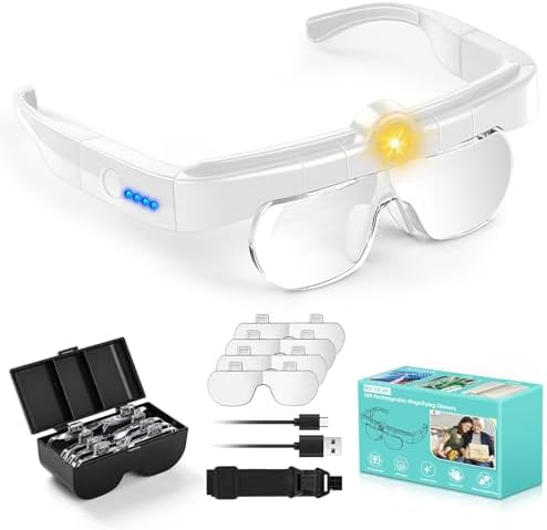 Magnifying Glass with Lights, Headband Hands Free Magnifying Glasses for Close Work, Flip-up Magnifier with 3 Color Temperature, 1.5X to 5.0X Lenses for Jewelry Crafts Soldering Repair, White