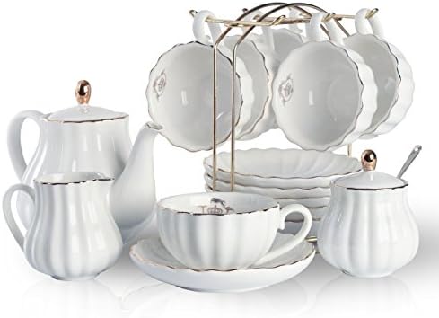 Porcelain Tea Sets British Royal Series, 8 OZ Cups& Saucer Service for 6, with Teapot Sugar Bowl Cream Pitcher Teaspoons and tea strainer for Tea/Coffee, Pukka Home (Pure White)