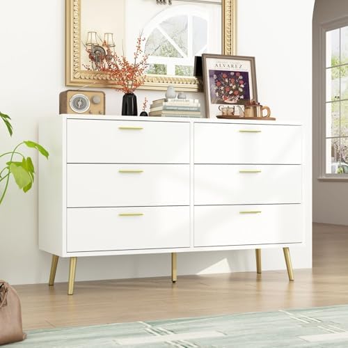 47.2” 6 Drawer Dresser, Modern 6-Drawer Chest with Gold Metal Handles, Bedroom Dresser with Gold Metal Legs, for Living Room Entryway White (47.2”W x 15.7”D x 30.1”H)