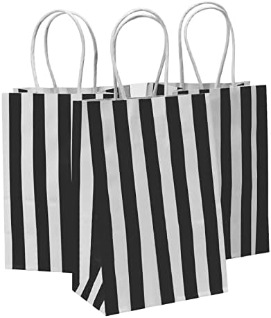 50Pcs Small Gift Bags, 5.25x3.25x8 Inches Black & White Striped Recycled Kraft Paper Bag with Handles Bulk for Business, Party Favors, Shopping, Goodie, Birthday, Retail, Halloween, Christmas