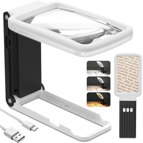 10X Magnifying Glass with Light and Stand, Real Glass Lens, Rechargeable Foldable Handheld Magnifier, 3 Color Modes Dimmable Lighted Page Magnifier for Reading Fine Prints, Low Vision Seniors