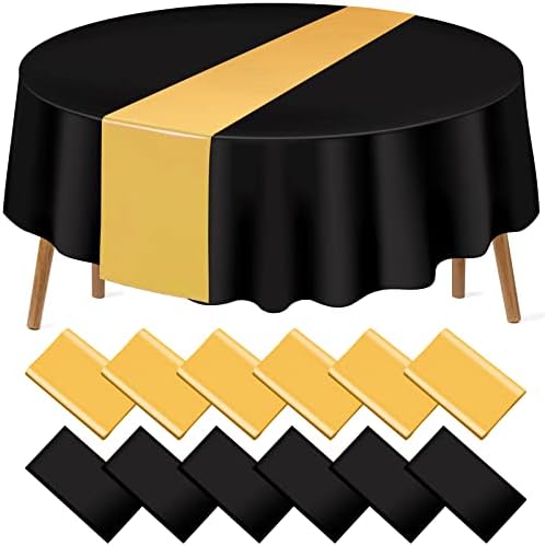 12 Pack 12x108 Inch Satin Table Runner and 84 Inch Round Plastic Tablecloths Set Black and Gold Disposable Round Table Cover for Graduation Wedding Bridal Shower Anniversary Birthday Party Decorations