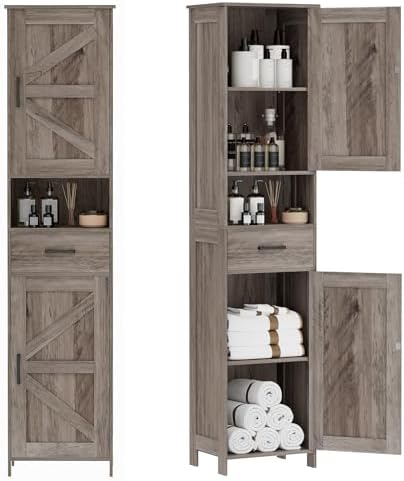 Homhedy 67" H Tall Bathroom Storage Cabinet with 2 Barn Doors and 1 Drawer, Narrow Storage Unit, Adjustable Shelves，Floor Cabinet for Bathroom, Living Room, Entryway, Kitchen, Greige, (15.7" W)