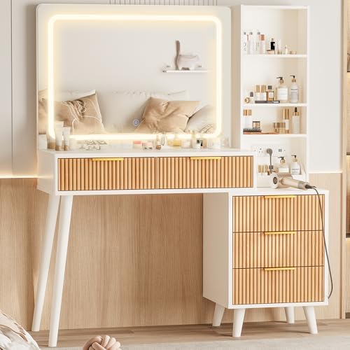 44" Vanity Desk with Mirror and Lights, Makeup Vanity Desk with Power Outlet, Makeup Desk with 5 Drawers&Storage Shelves, Vanity Table 3 Color Adjustable Brightness Dressing Table Set for Bedroom