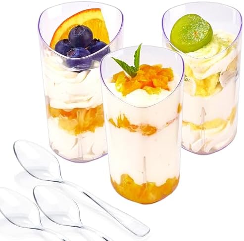 50 Pack Mini Dessert Cups with Spoons, 3 oz Clear Plastic Parfait Appetizer Cups, Small Reusable Shooter Serving bowls for Tasting, Slanted Triangle Dessert Shot Glasses