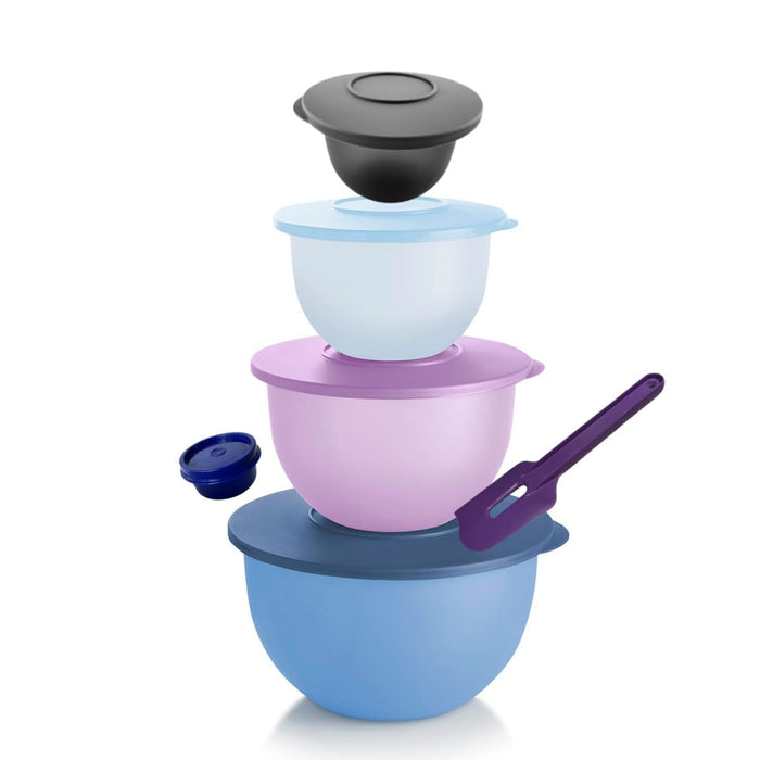 Tupperware Impressions Classic Serving Bowl Set of 4 with Paddle Spatula and Smidget in Blue