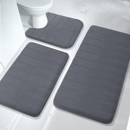 Yimobra 3 Pieces Memory Foam Bath Mat Set with U-Shaped Toilet Rug - Non Slip Super Soft Absorbent Quick Dry Bathroom Rugs for Bathtub, Vanity & Toilet Base, Dark Gray