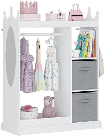 UTEX Kids Play Armoire with Mirror, Storage Bins and Closet for Dress Up and Costumes (White)