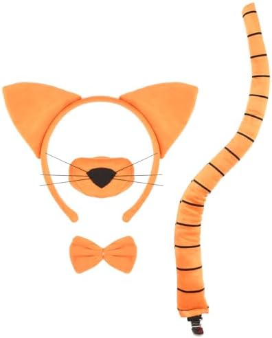 4 PCS Cat Costume Accessory Set-Orange Cat Ears Headband, Nose, Bowtie and Striped Tail for Halloween Christmas Festival Theme Party Cosplay