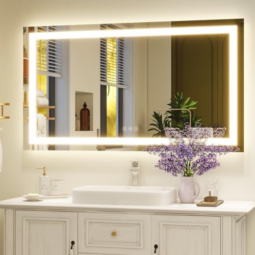 48'' x 32'' LED Bathroom Mirror with Lights, Wall Mirror with Front and Backlight, 3 Colors Vanity Mirror with Lights, Anti-Fog Wall Mirror for Bathroom