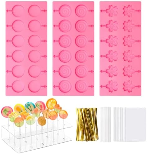 304Pcs Silicone Lollipop Molds Kit - Pink Lollipop Candy Molds with 15 Holes, Acrylic Stand, 100P Sticks, Bags, Ties