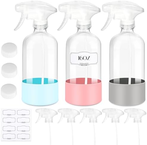 3 Pack/16 Oz Glass Spray Bottles, Refillable Empty Containers with Silicone Sleeve, Upgraded Adjustable Nozzle Spray Bottle Sets for Cleaning, Essential Oils, Hair