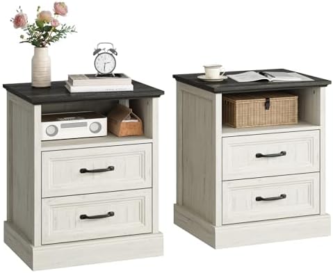 CARPETNAL 20" Farmhouse Nightstand Set of 2, End Table with 2 Large Drawers & Open Storage, Side Table, Bedside Table for Bedroom, Living Room, White