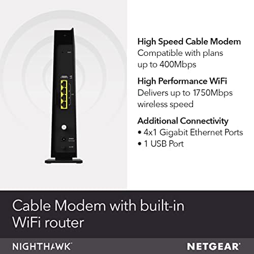 NETGEAR Cable Modem WiFi Router Combo C6300 | Compatible with Providers Xfinity by Comcast, Spectrum, Cox | Plans Up to 400Mbps | AC1750 WiFi Speed | DOCSIS 3.0.