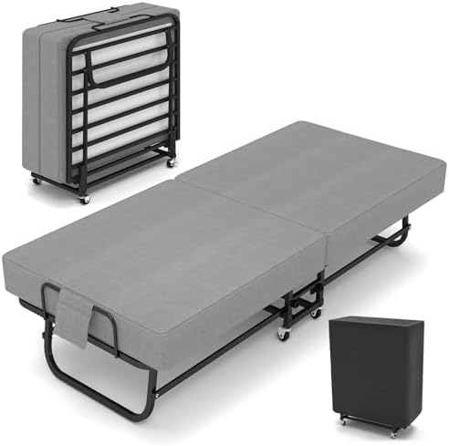 SADENICEL Folding Bed with Mattress for Adults, Portable Foldable Roll Away Bed on Wheels, Memory Foam Mattress and Metal Frame, Space Saving Fold Up for Easy Storage, 75" x 31"