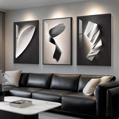 Large Framed Modern Abstract Wall Art 3 Piece Set, Black and White Decorative Artwork, Minimalist Trendy Line Geometric Bright Style Pictures Prints for Living Room Hallway and Office 24x36 Inch