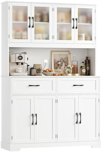 71" Kitchen Pantry Storage Cabinet, Kitchen Hutch with Microwave Stand, Large Pantry Cabinet with Drawers, Glass Doors for Dining Room, White